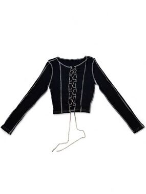 Black Long Sleeve Crop Top With Silver Rhinestone Lace Up Detail
